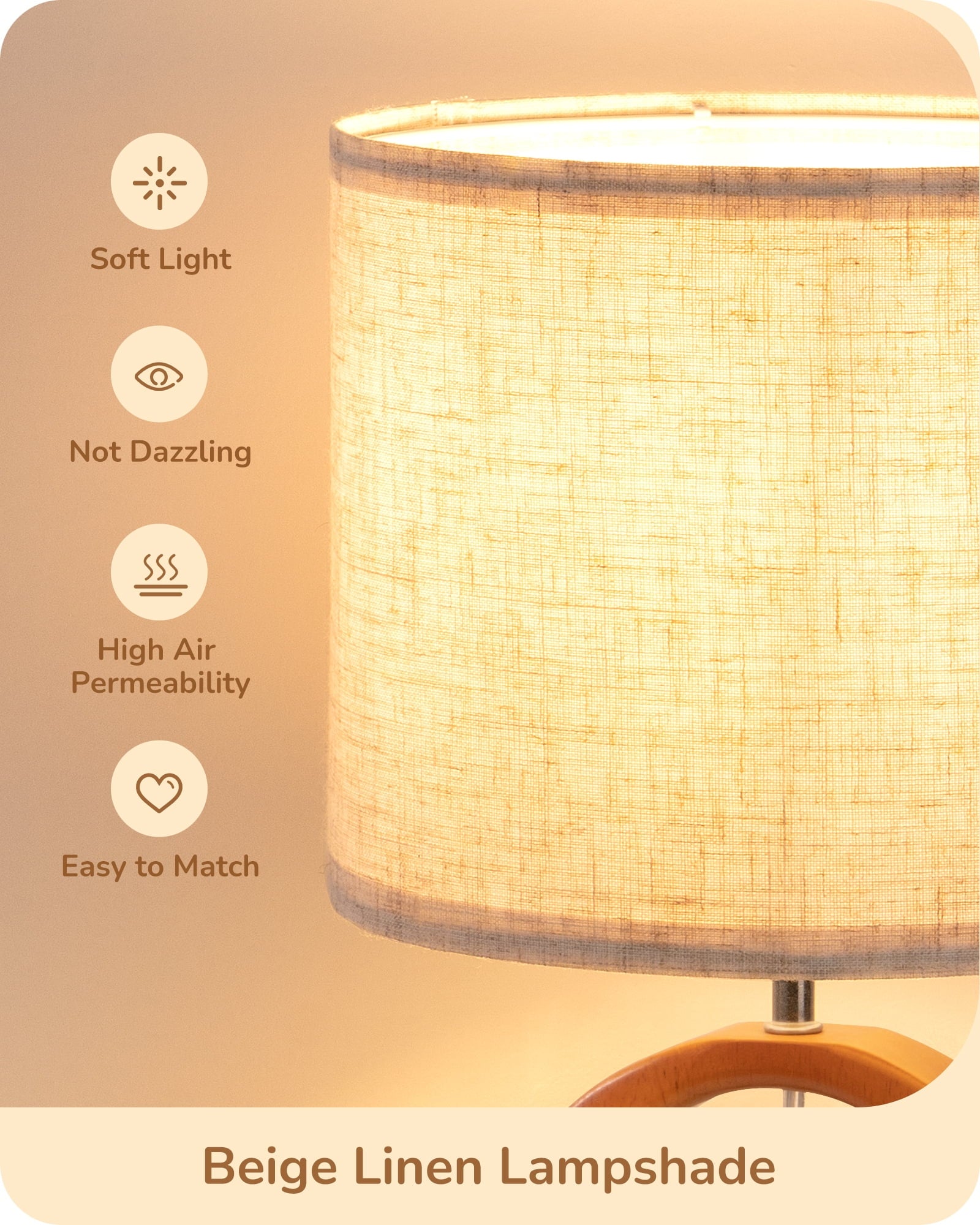 EDISHINE Small Table Lamp, Wood Nightstand Lamp with Beige Linen Lampshade & ON-Off Switch, E26 Base, Boho Bedside Lamp for Living Room, Bedroom, Dark Pearwood