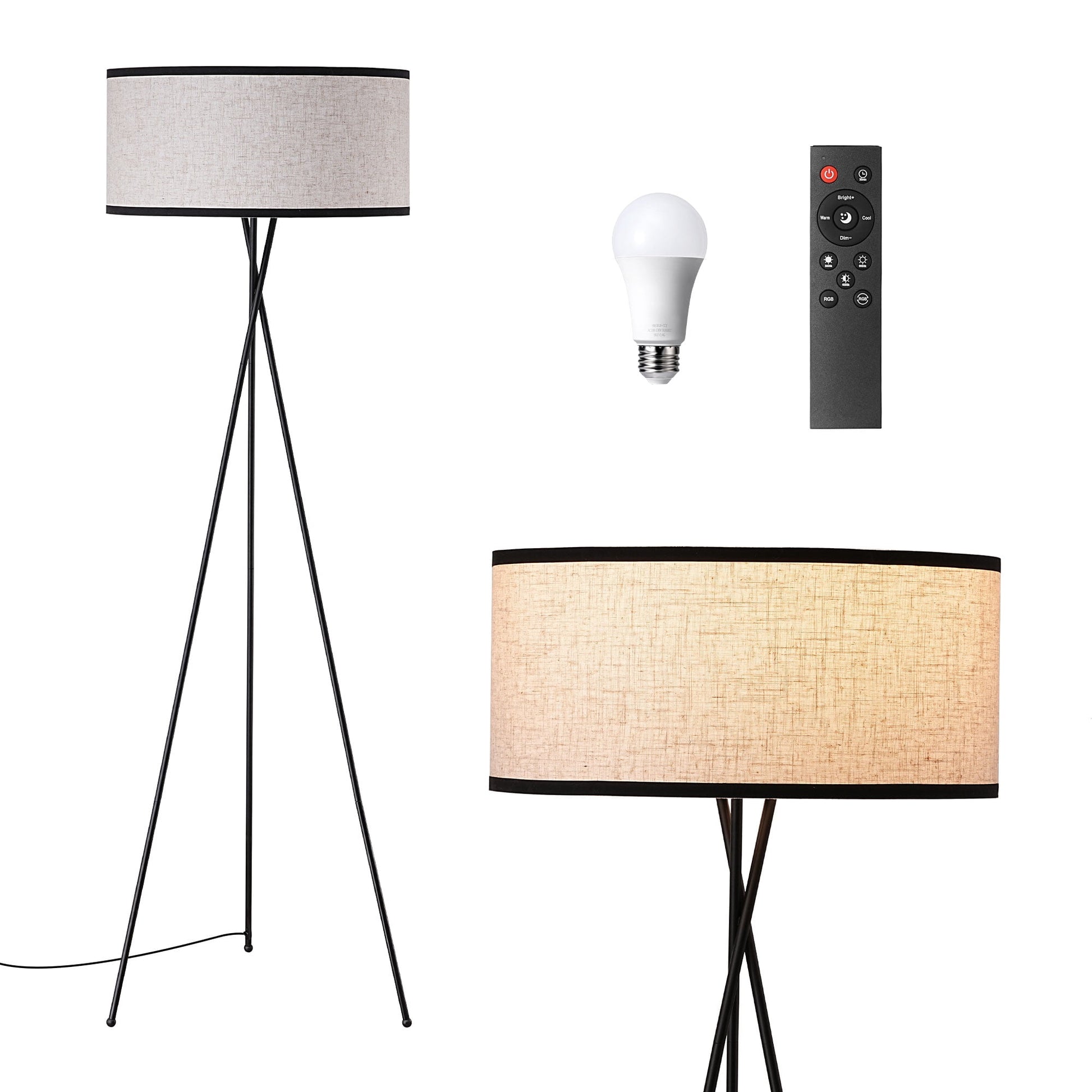 EDISHINE 66.9in Tripod Floor Lamps with Remote, Includes RGB Light Bulb, LED Modern Dimmable Mid-Century Standing Lamp, APP Control, Flaxen Linen Shade,for Living Room, Bedroom, Office, Black