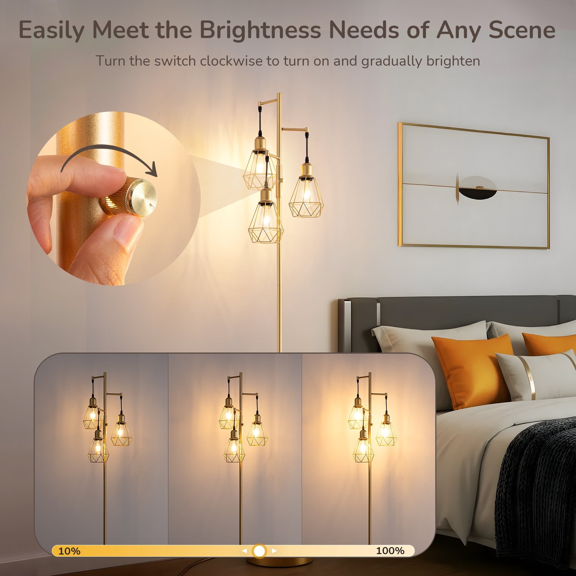 EDISHINE 70IN Farmhouse Industrial Floor Lamps for Living Room, Dimmable, Metal Standing Tree Lamp for Bedroom, Office, Home Decor, Lighting, 3 LED Edison Bulbs Included, Gold