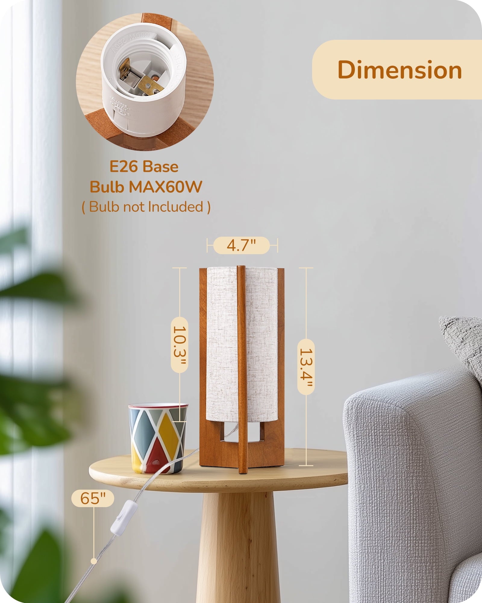 EDISHINE Table Lamp Wood Body Linen Shade for Living Room Bedroom