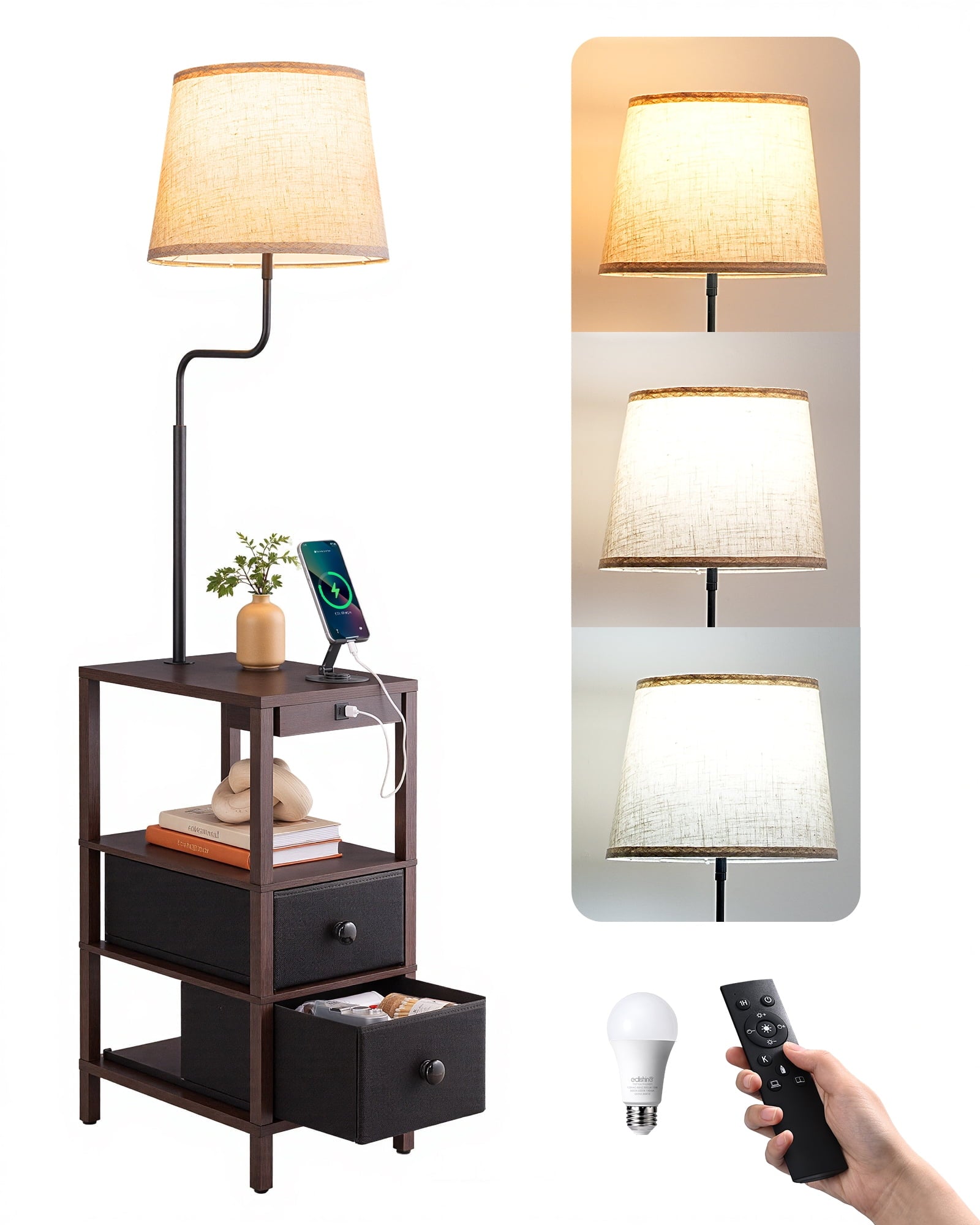 EDISHINE 62in Floor Lamps with Table for Living Room, USB-A+Type-C Port, Dimmable Bedside Floor Lamp with Shelves, Farmhouse Remote Nightstand Light for Living Room, Bedroom, Den, Office, Kids Room,