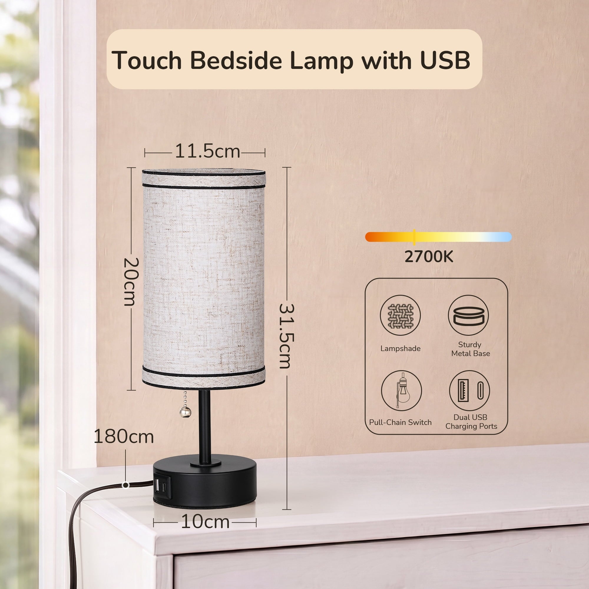 EDISHINE 2 Pack Table Lamps with USB A+C Charging Ports, Small Beside Lamps with Pull Chain Switch, for Bedroom Living Room, E26 Base, Bulbs Not Included