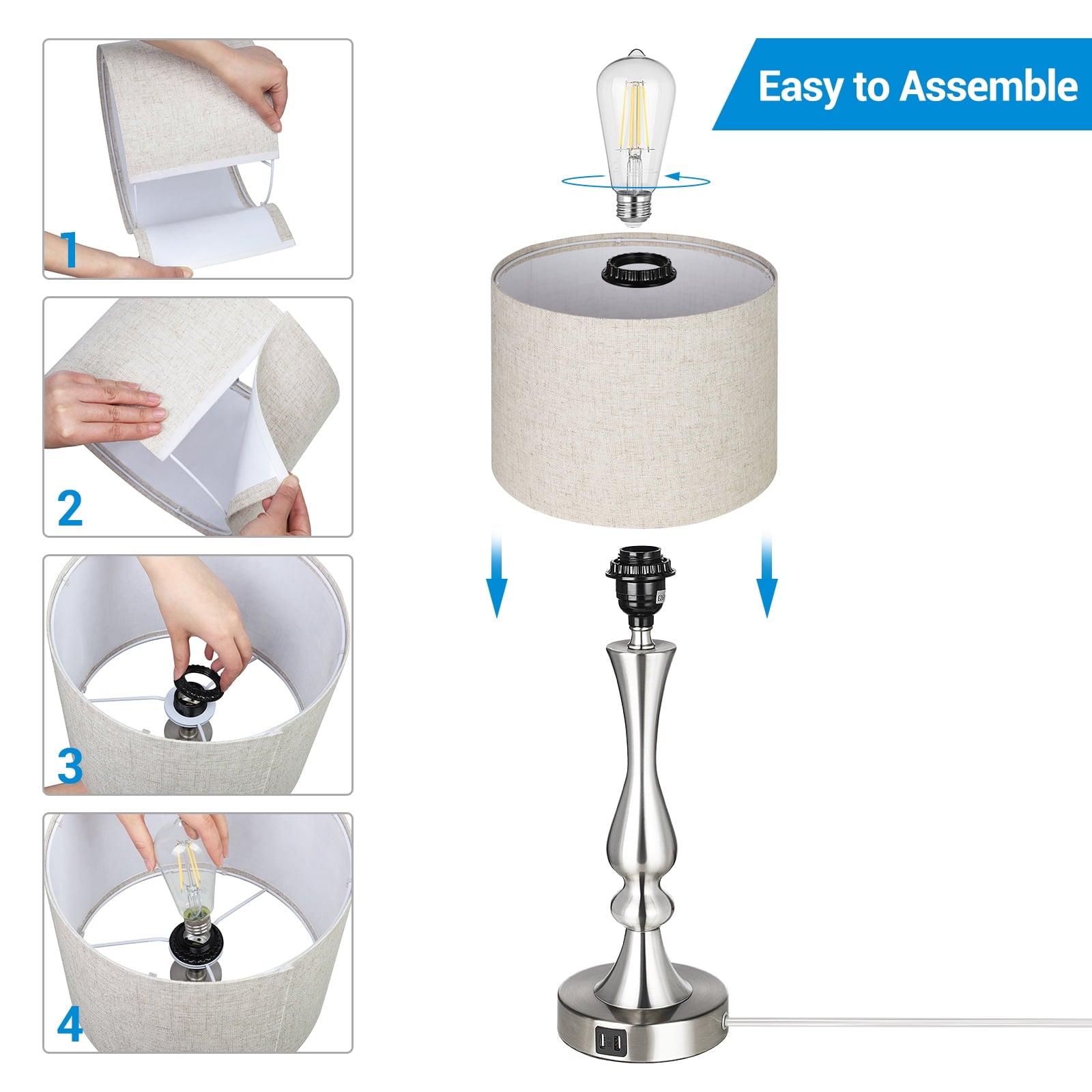 EDISHINE Touch Control Table Lamps Set of 2 , 3 Way Dimmable with 2 USB Ports for Living Room, Bedroom Bedside Lamps, Light Bulb Included