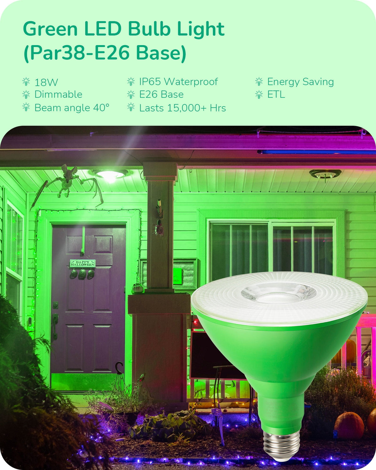 EDISHINE 4 Pack PAR38 Green LED Flood Light Bulbs Outdoor, Dimmable LE