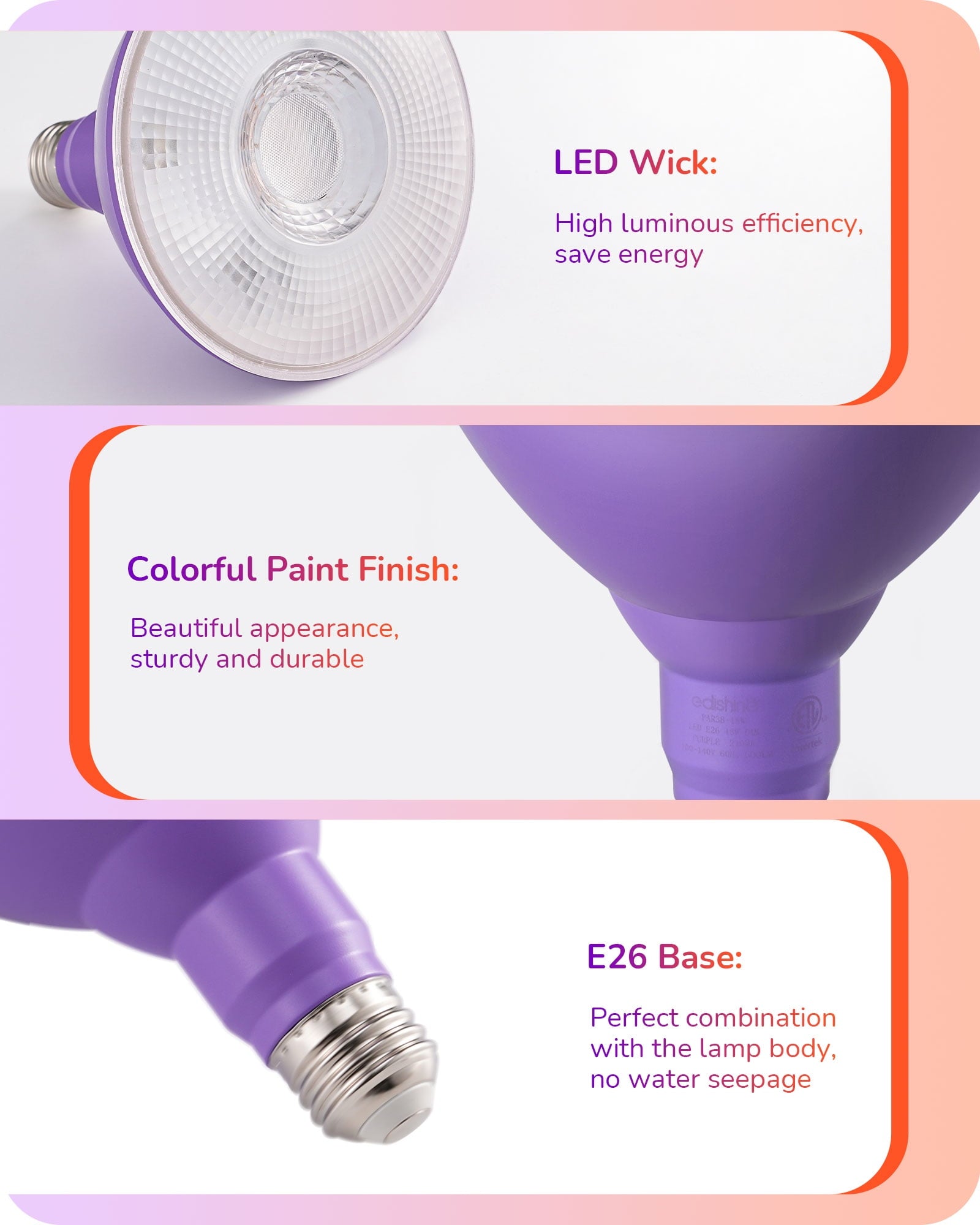 EDISHINE 4 Pack Halloween PAR38 Purple & Orange LED Flood Light Bulbs Outdoor, Dimmable, Purple Orange LED Light Bulb, 18W(120W Equivalent), Light Bulb for Halloween Decorations, E26 Base, ETL Listed