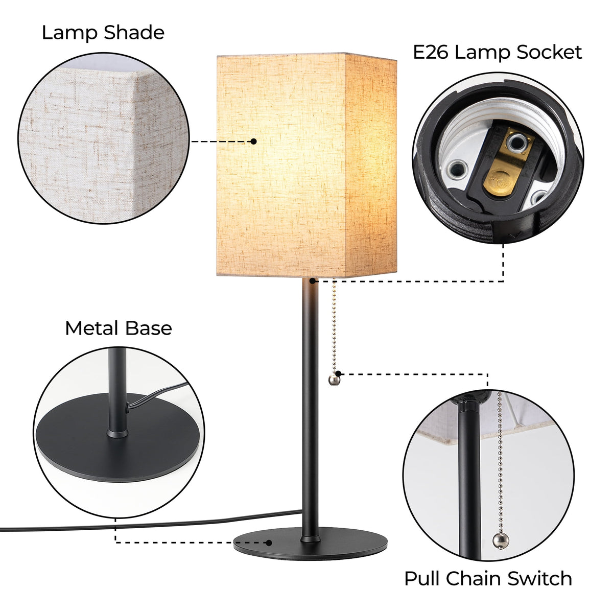 EDISHINE 19" Modern Table Lamp, Rectangular Lampshade, Set of 2, Pull Chain Switch, Nightstand Lamp for Living Room Bedroom