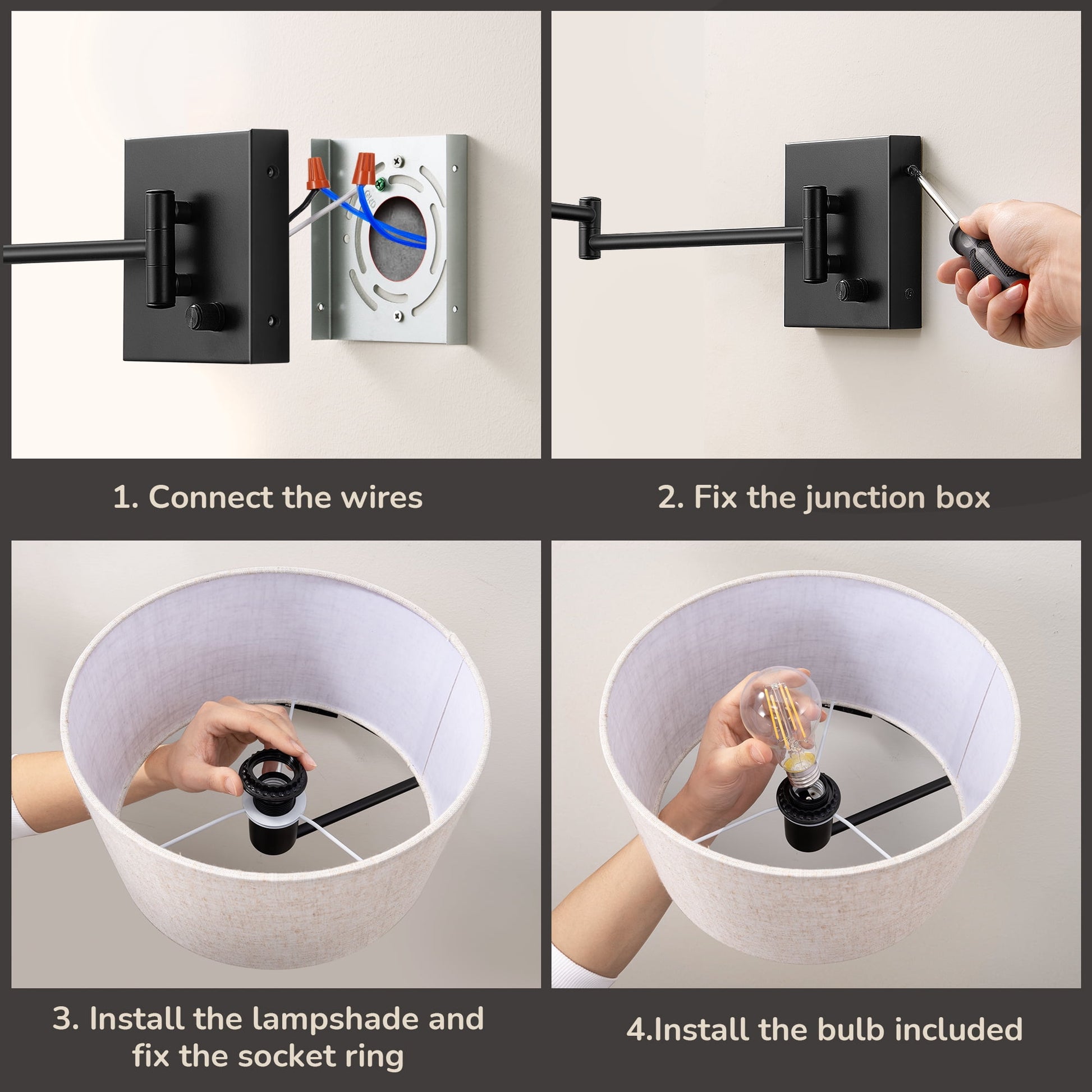 EDISHINE Wall Light for Bedroom Living Room, Dimmable Wall Sconce with Swing Arm, Bulb Included