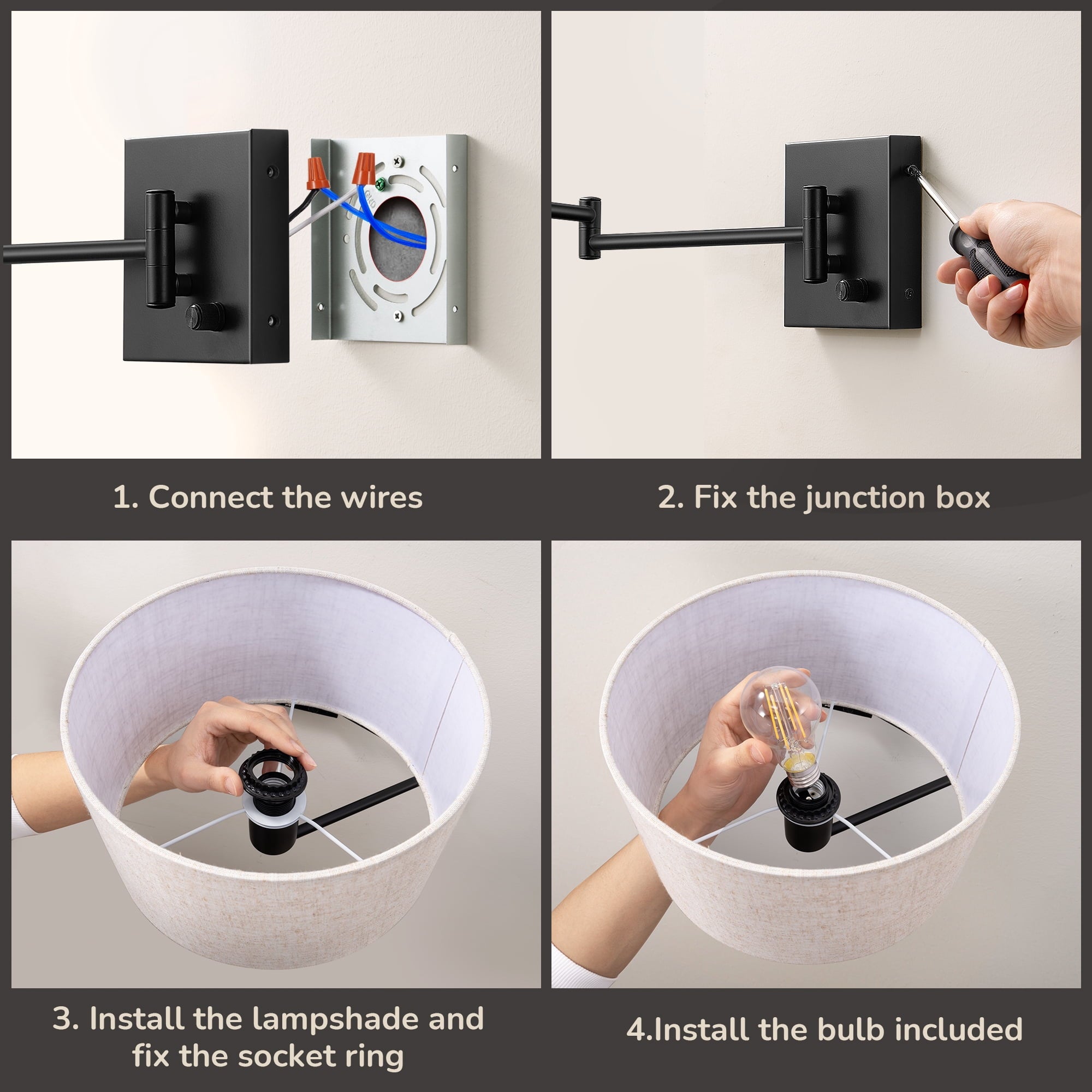 EDISHINE Wall Light for Bedroom Living Room, Dimmable Wall Sconce with Swing Arm, Bulb Included