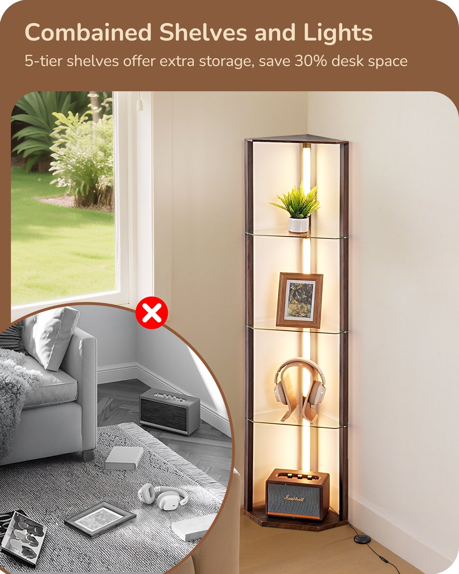 EDISHINE 63.7-Inch 4-Tier Modern Floor Lamps with Glass Shelves, Dimmable Standing Lamp with Remote/Foot Remote, Display Shelf Floor Lamp for Living Room, Bedroom，Open Display Cabinet
