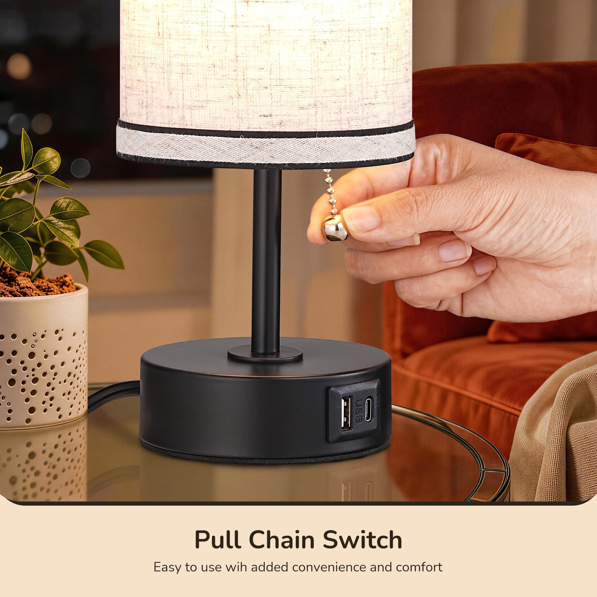 EDISHINE 2 Pack Table Lamps with USB A+C Charging Ports, Small Beside Lamps with Pull Chain Switch, for Bedroom Living Room, E26 Base, Bulbs Not Included