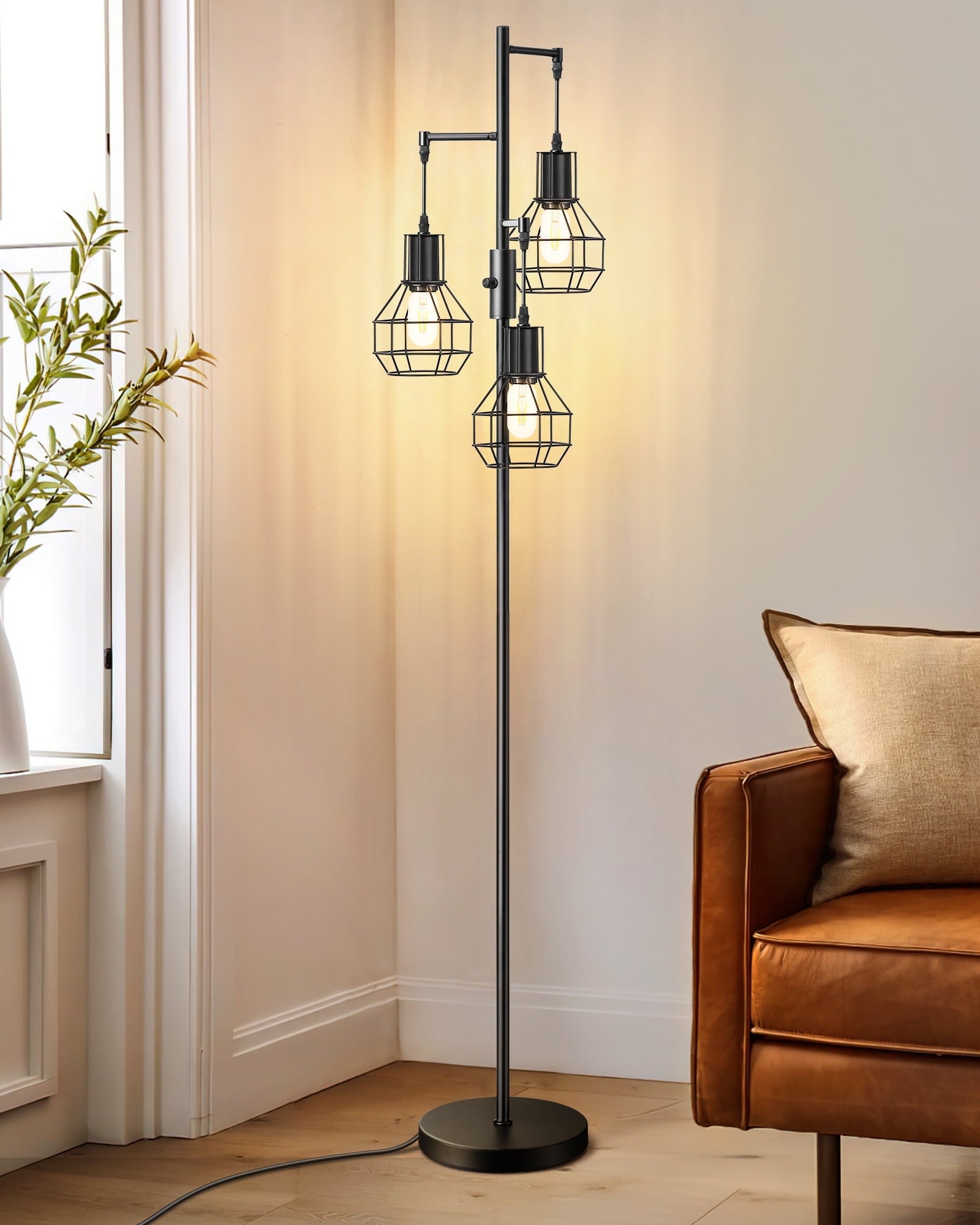 EDISHINE 65IN Farmhouse Industrial Black Floor Lamps for Living Room, Dimmable, Metal Standing Tree Lamp for Bedroom, Office, Home Decor, Lighting, 3 LED Bulb Included