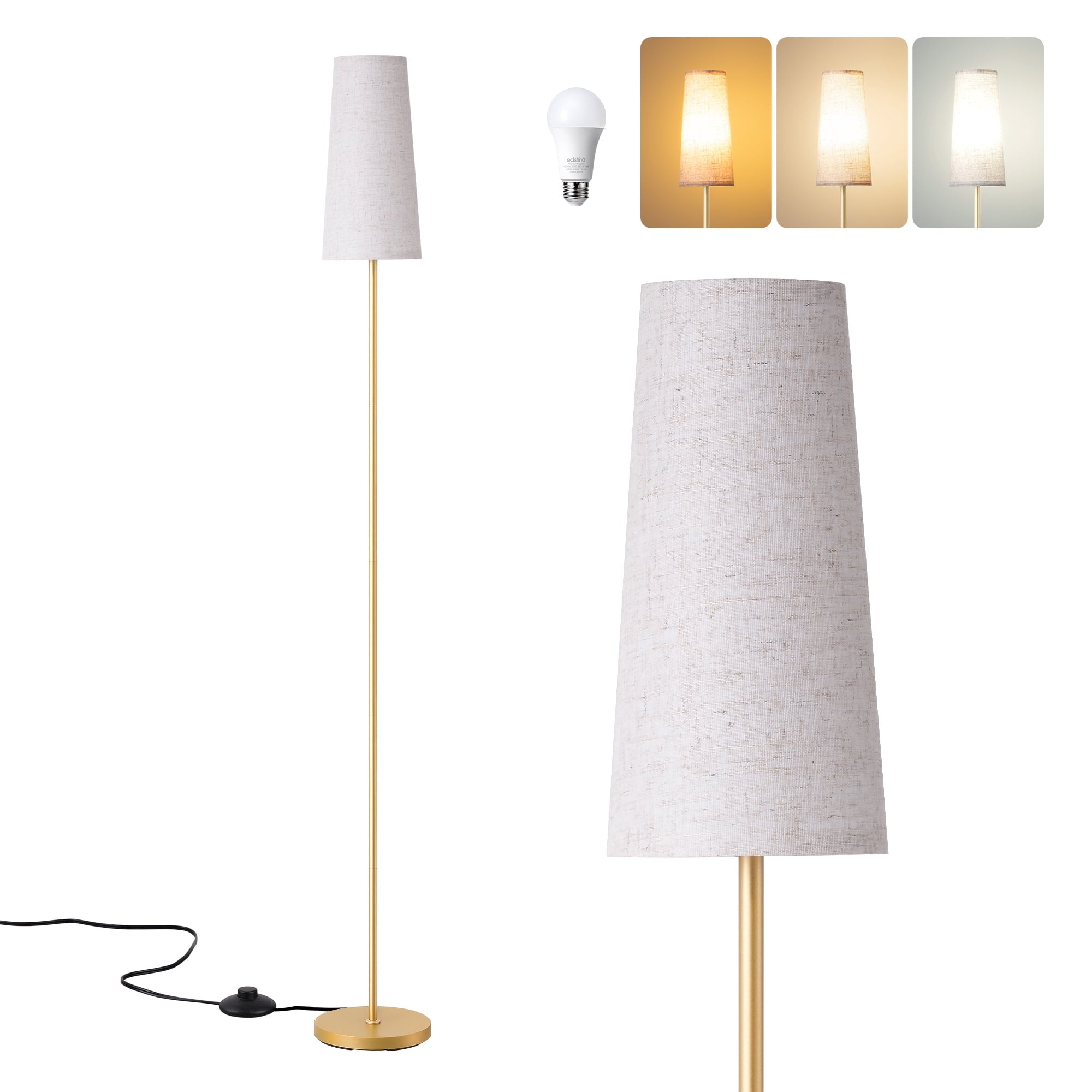 EDISHINE 65in Gold Floor Lamps for Living Room, Standing Tall Standing Light, LED Bulb Included