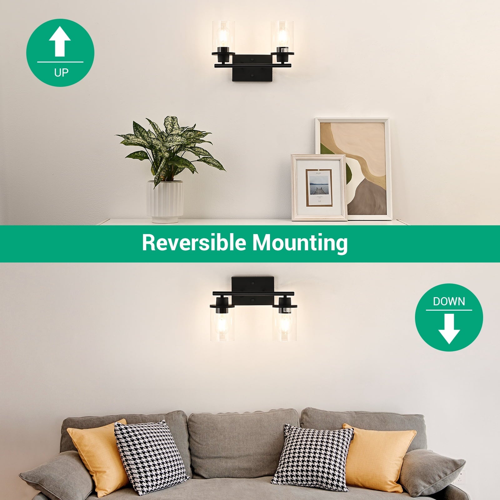 EDISHINE Modern 2-Light Black Bathroom Vanity Lights over Mirror for Bathroom, Vanity Table, E26 Bulb Base