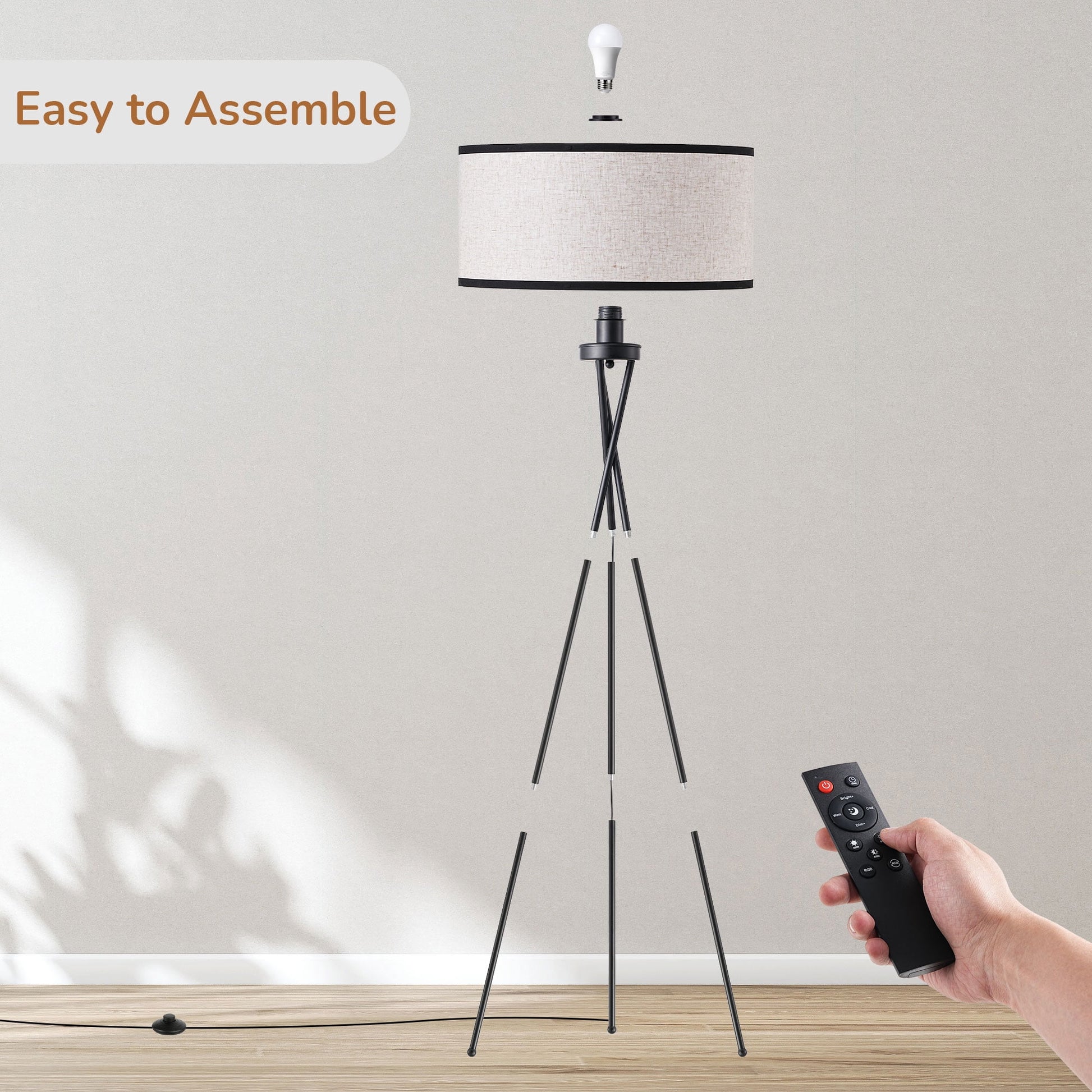 EDISHINE 66.9in Tripod Floor Lamps with Remote, Includes RGB Light Bulb, LED Modern Dimmable Mid-Century Standing Lamp, APP Control, Flaxen Linen Shade,for Living Room, Bedroom, Office, Black