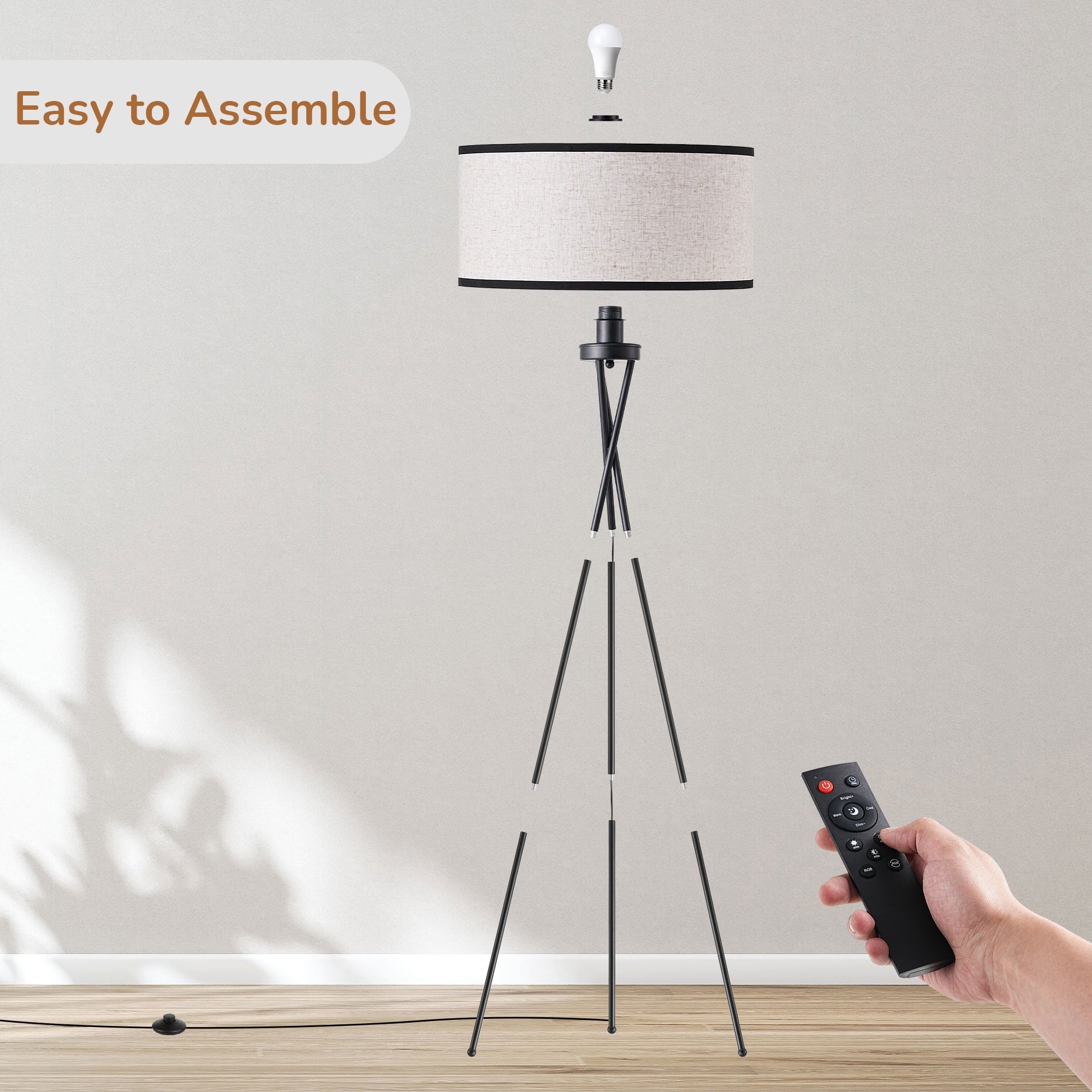 EDISHINE 66.9in Tripod Floor Lamps with Remote, Includes RGB Light Bulb, LED Modern Dimmable Mid-Century Standing Lamp, APP Control, Flaxen Linen Shade,for Living Room, Bedroom, Office, Black
