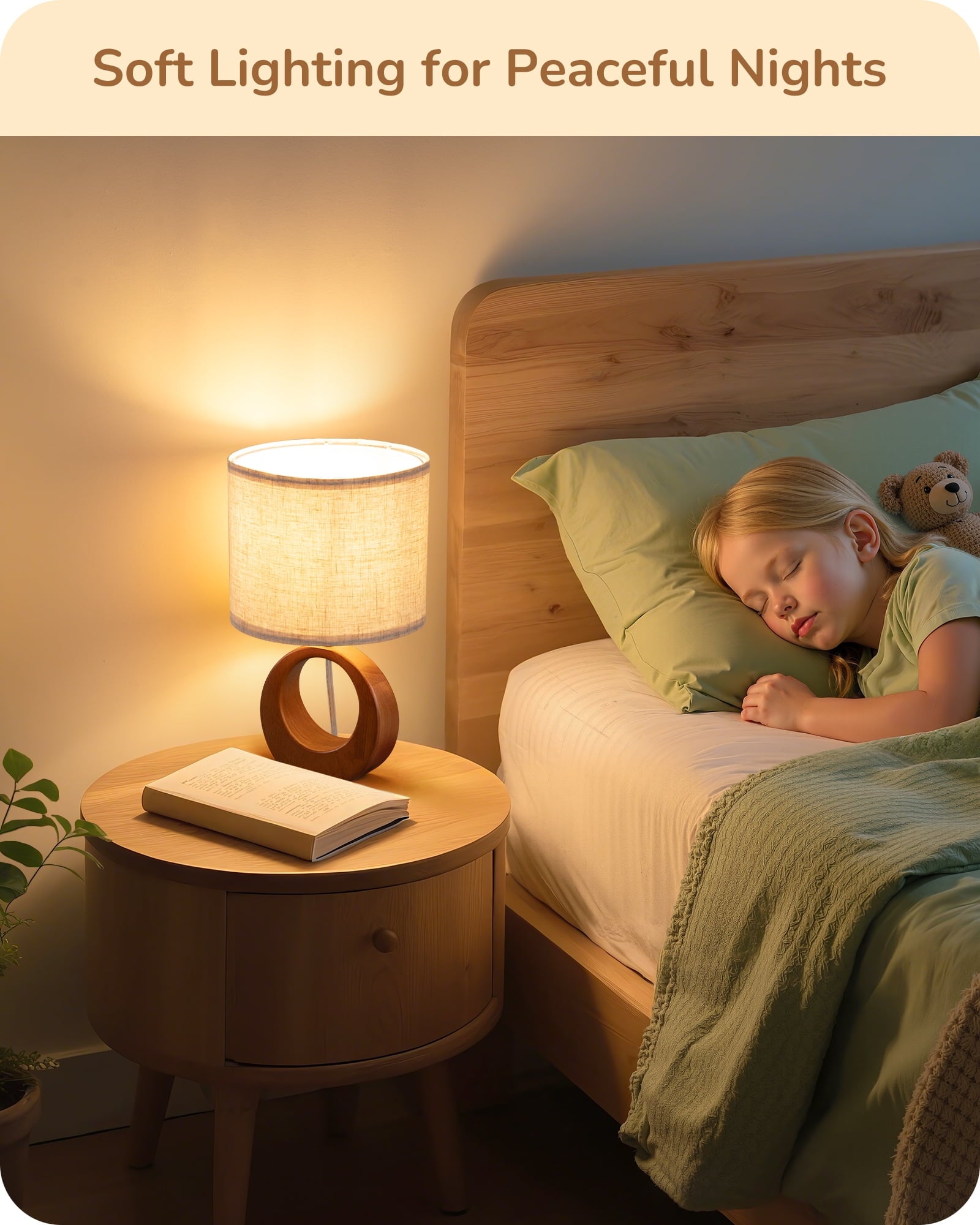 EDISHINE Small Table Lamp, Wood Nightstand Lamp with Beige Linen Lampshade & ON-Off Switch, E26 Base, Boho Bedside Lamp for Living Room, Bedroom, Dark Pearwood