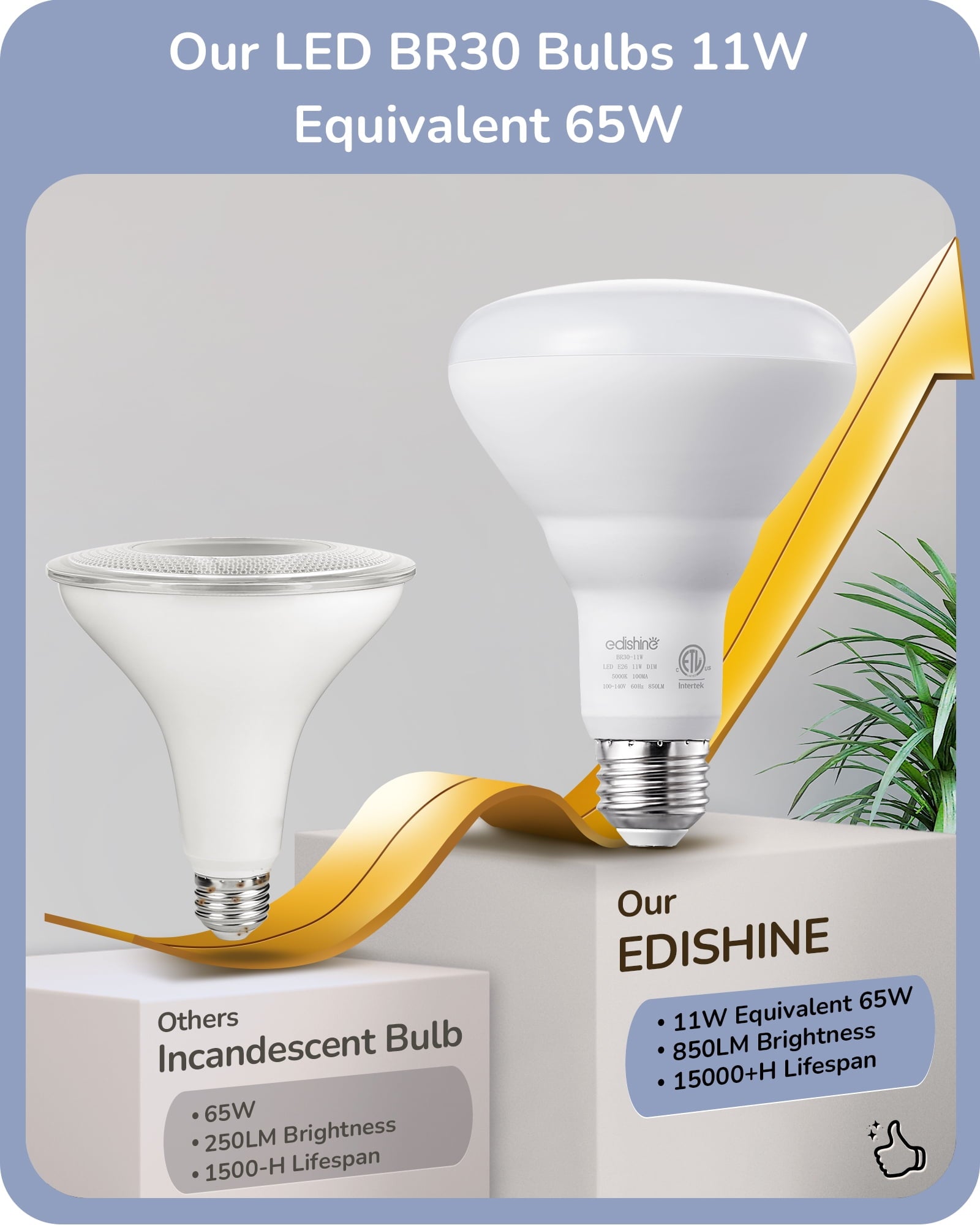 EDISHINE 6 Pack BR30 LED Light Bulbs, 65W Equivalent, 11W, 850LM, 5000K Daylight, Dimmable, Recessed Can Light Bulbs for Ceiling, Recessed Can, Living Room and Kitchen, E26 Base