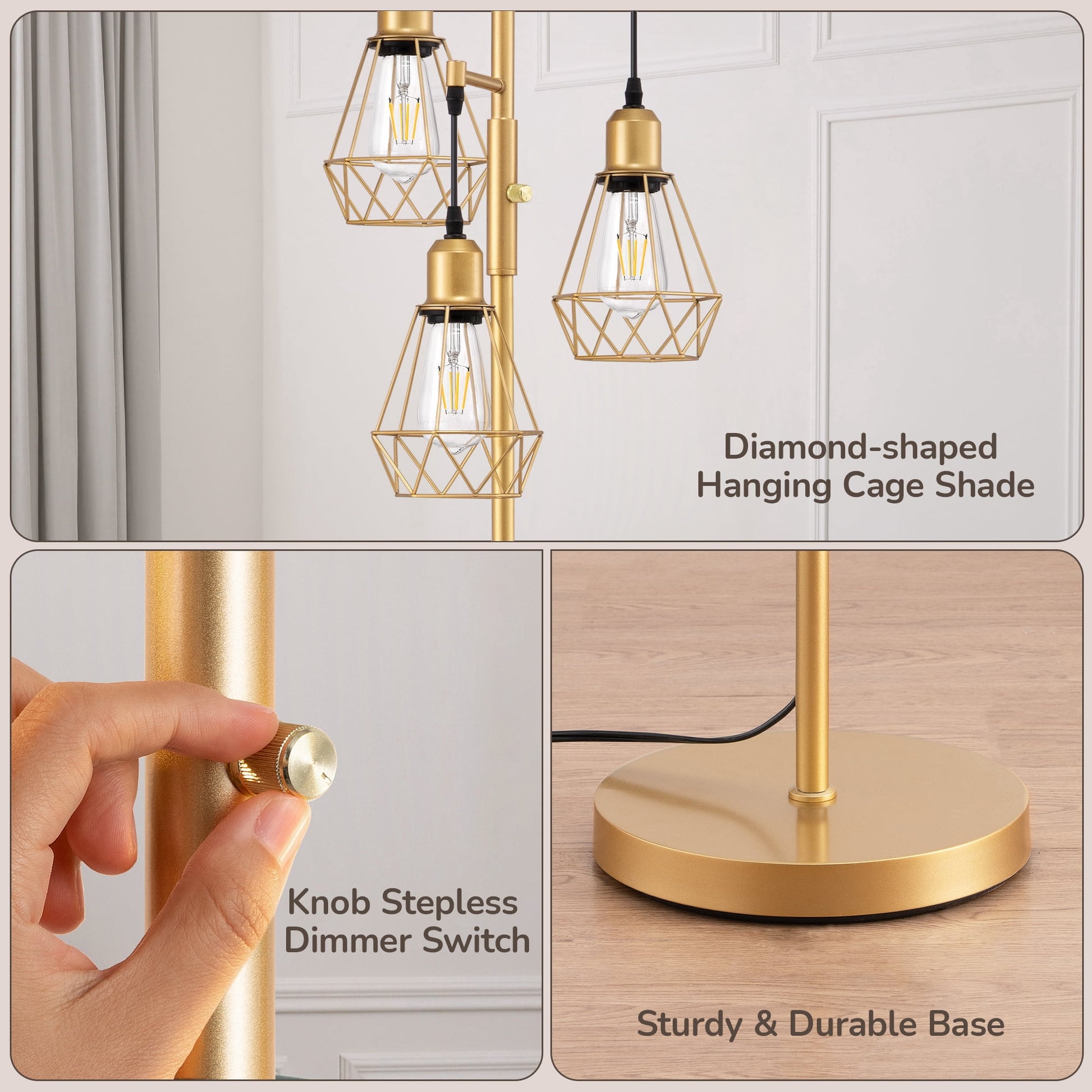 EDISHINE 70IN Farmhouse Industrial Floor Lamps for Living Room, Dimmable, Metal Standing Tree Lamp for Bedroom, Office, Home Decor, Lighting, 3 LED Edison Bulbs Included, Gold
