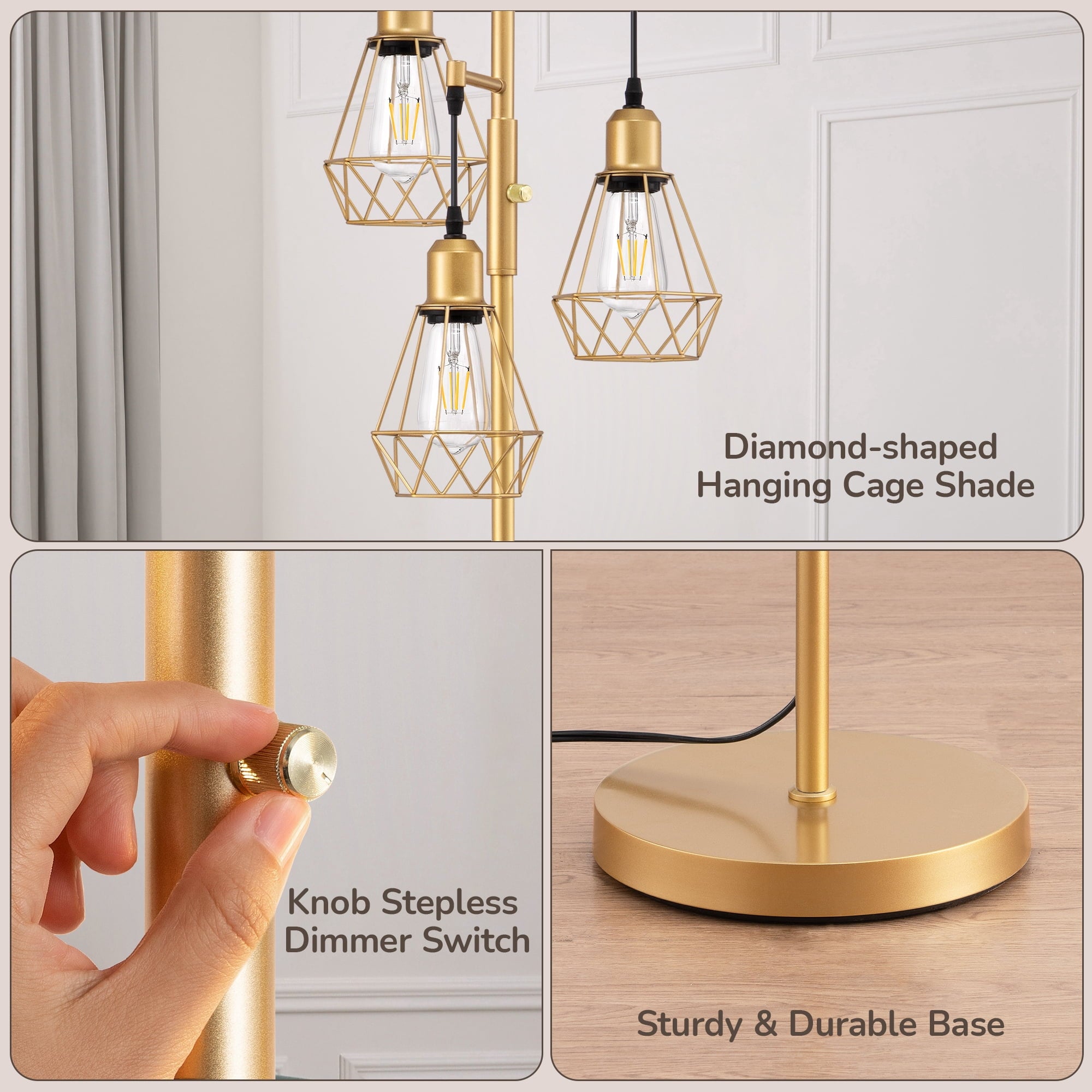 EDISHINE 70IN Farmhouse Industrial Floor Lamps for Living Room, Dimmable, Metal Standing Tree Lamp for Bedroom, Office, Home Decor, Lighting, 3 LED Edison Bulbs Included, Gold