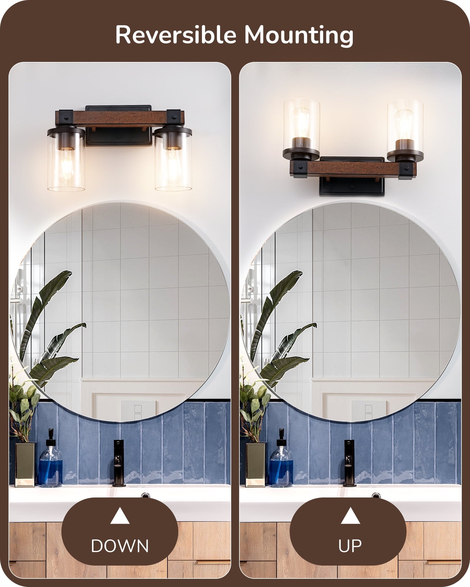 EDISHINE Industrial Bathroom Light Fixtures Metal Frame with Clear Glass Lamp Shade,2 Lights over the Mirror Bathroom Lights