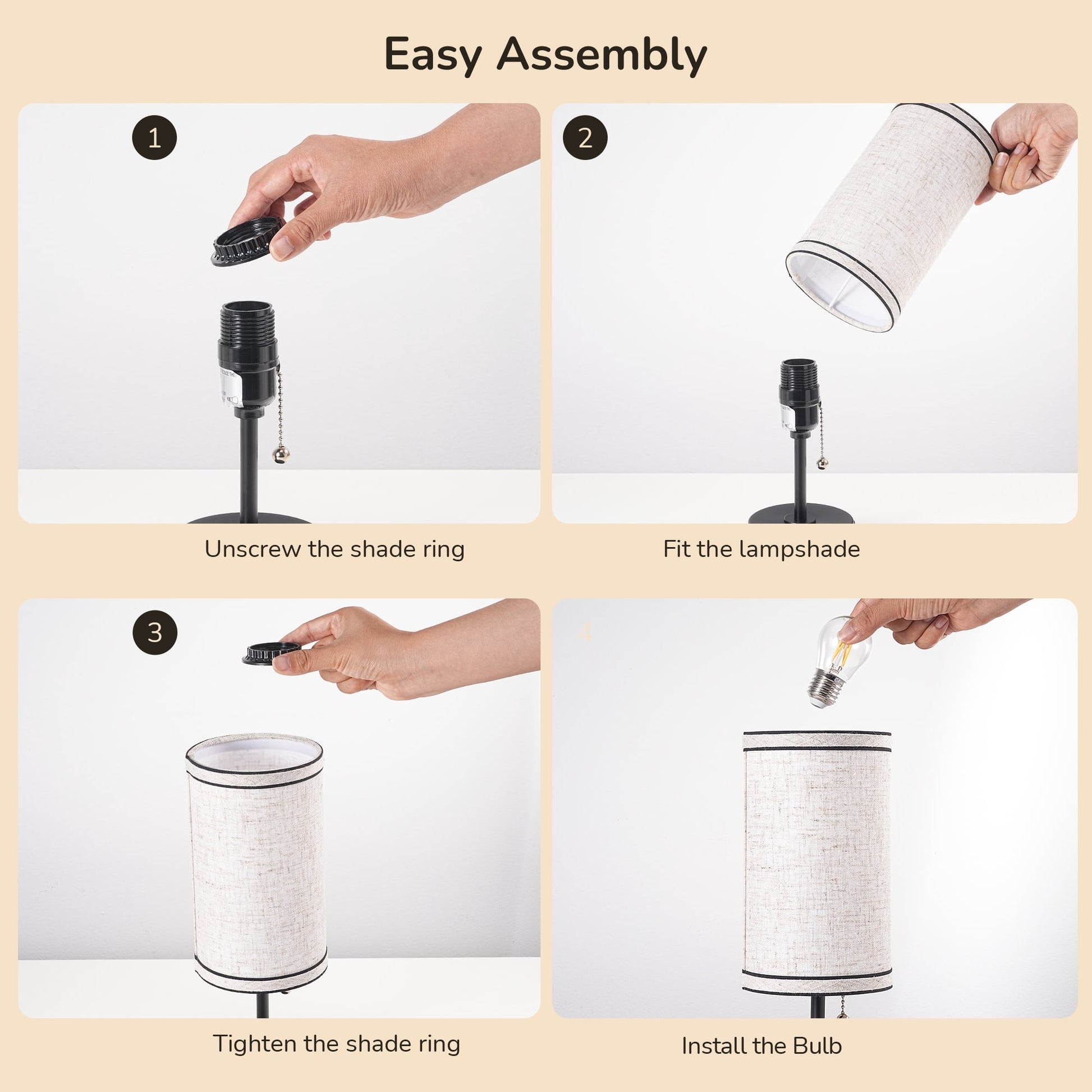 EDISHINE 2 Pack Table Lamps with USB A+C Charging Ports, Small Beside Lamps with Pull Chain Switch, for Bedroom Living Room, E26 Base, Bulbs Not Included