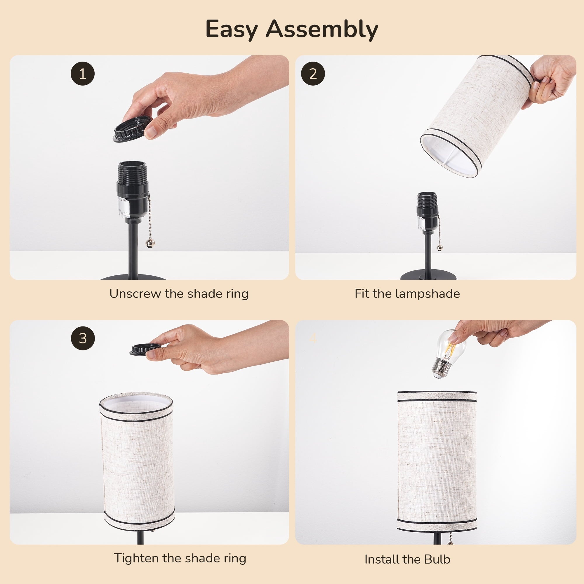 EDISHINE 2 Pack Table Lamps with USB A+C Charging Ports, Small Beside Lamps with Pull Chain Switch, for Bedroom Living Room, E26 Base, Bulbs Not Included