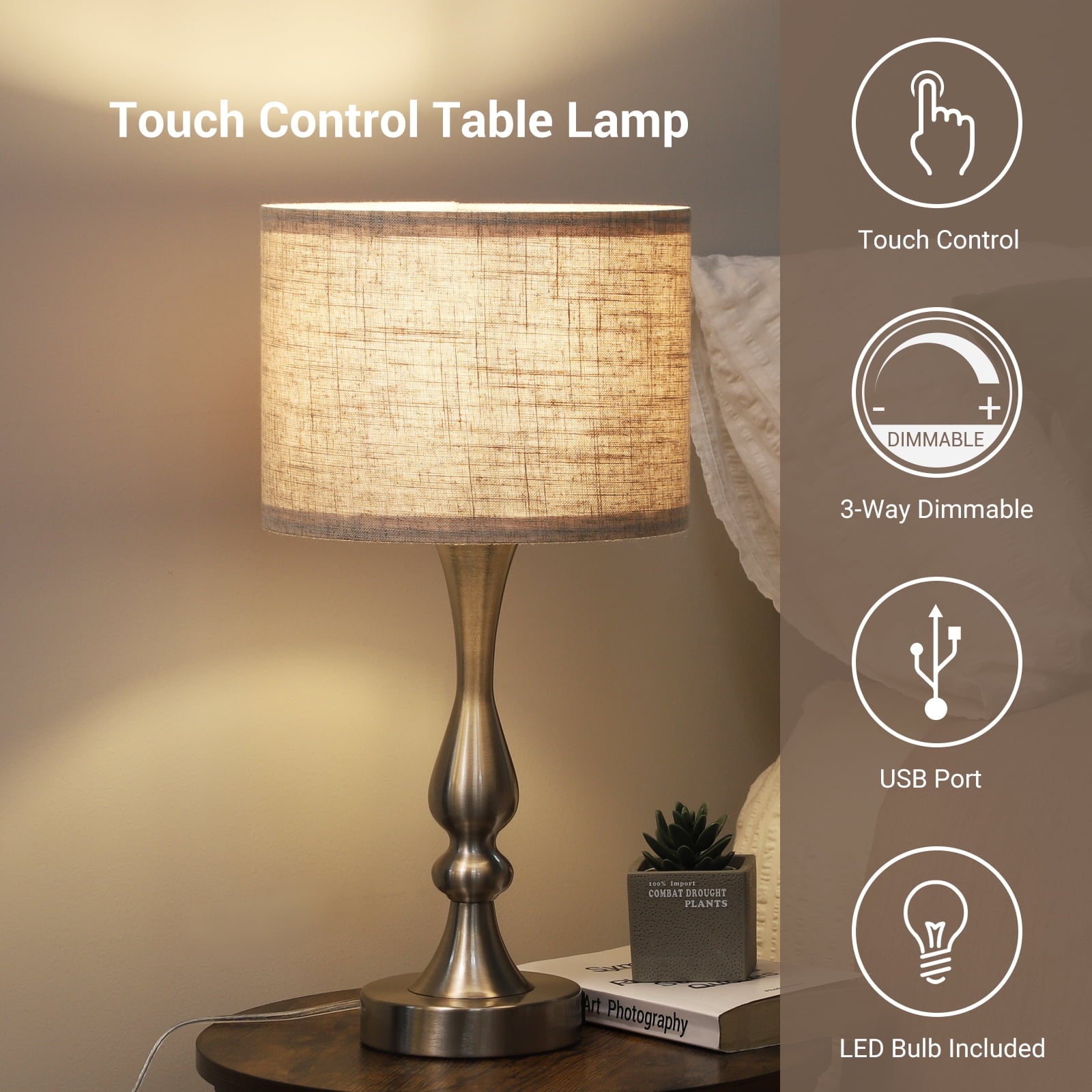 EDISHINE Touch Control Table Lamps Set of 2 , 3 Way Dimmable with 2 USB Ports for Living Room, Bedroom Bedside Lamps, Light Bulb Included
