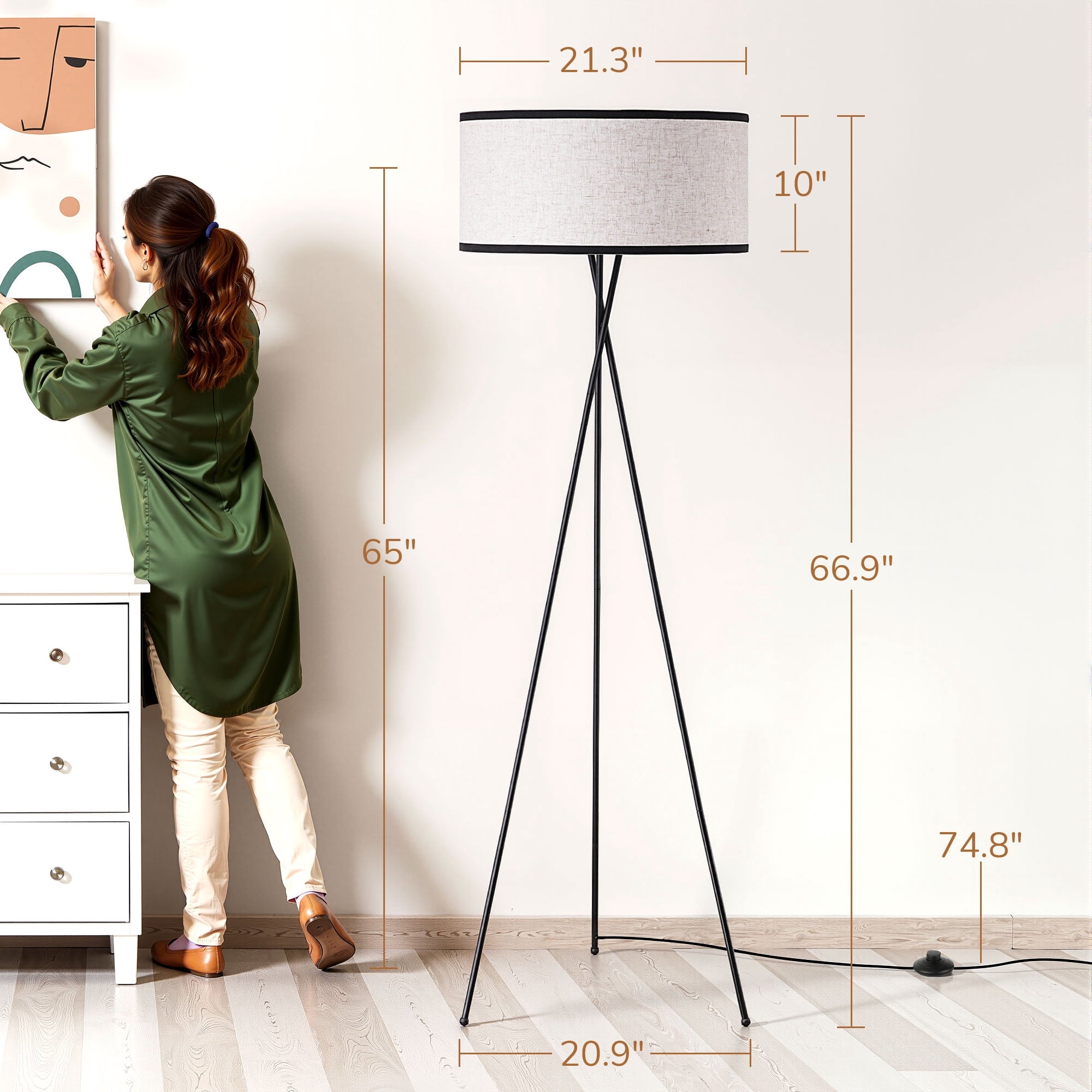 EDISHINE 66.9in Tripod Floor Lamps with Remote, Includes RGB Light Bulb, LED Modern Dimmable Mid-Century Standing Lamp, APP Control, Flaxen Linen Shade,for Living Room, Bedroom, Office, Black