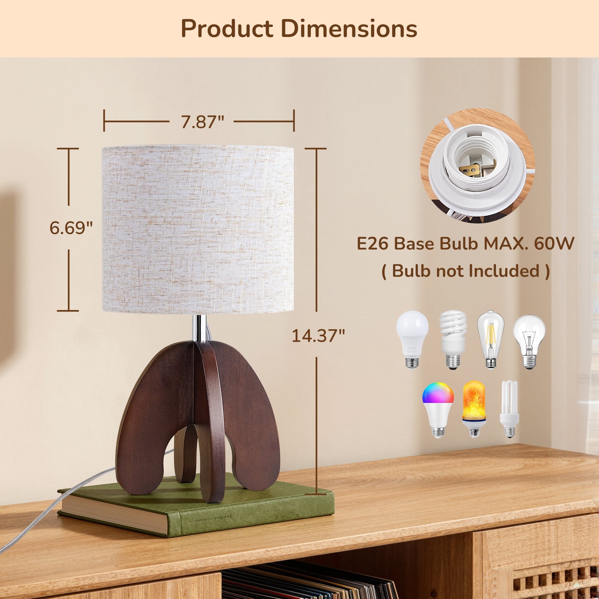 EDISHINE Modern Table Lamp with Walnut Wood Base, Soft Light Bedside Lamp for Bedroom, Living Room
