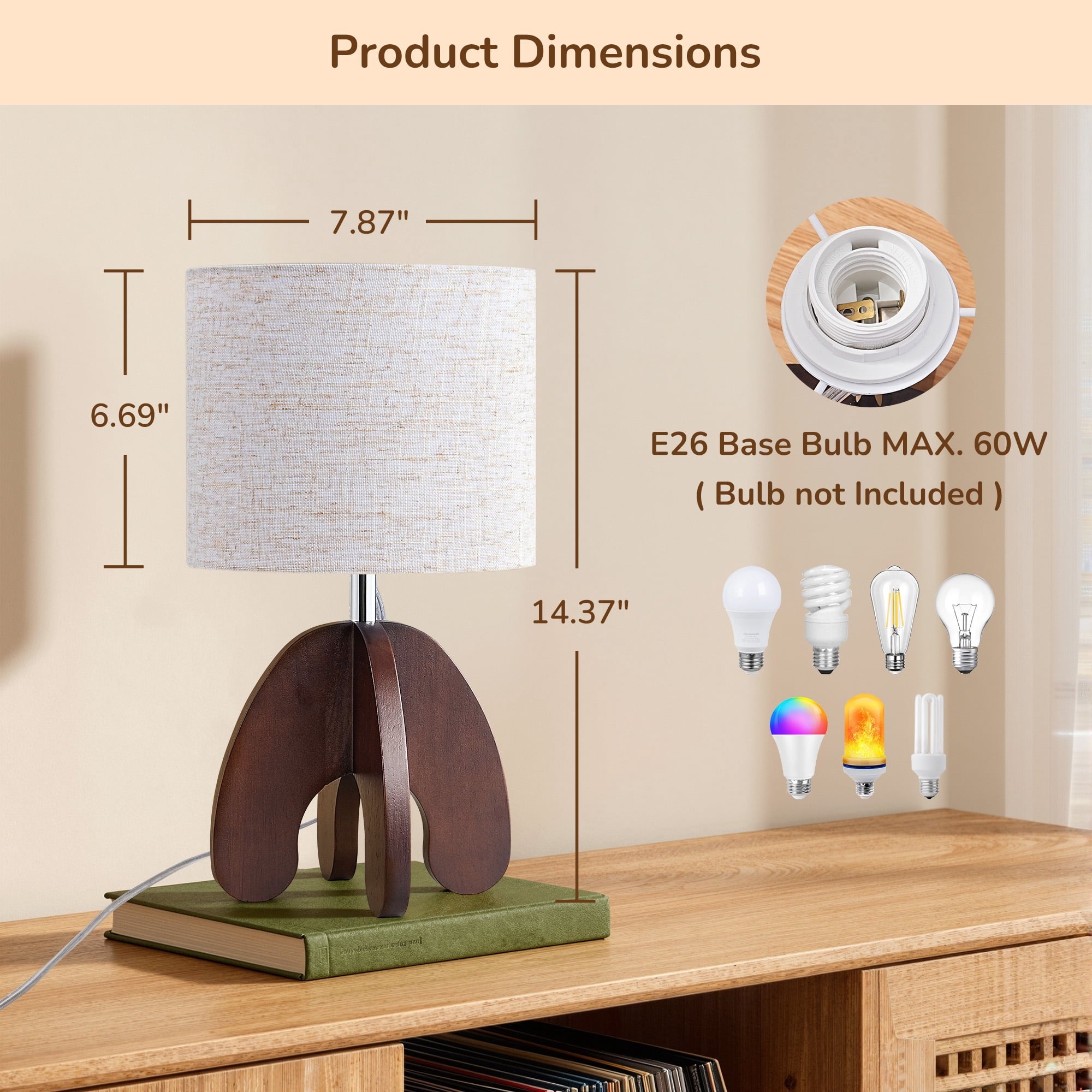 EDISHINE Modern Table Lamp with Walnut Wood Base, Soft Light Bedside Lamp for Bedroom, Living Room