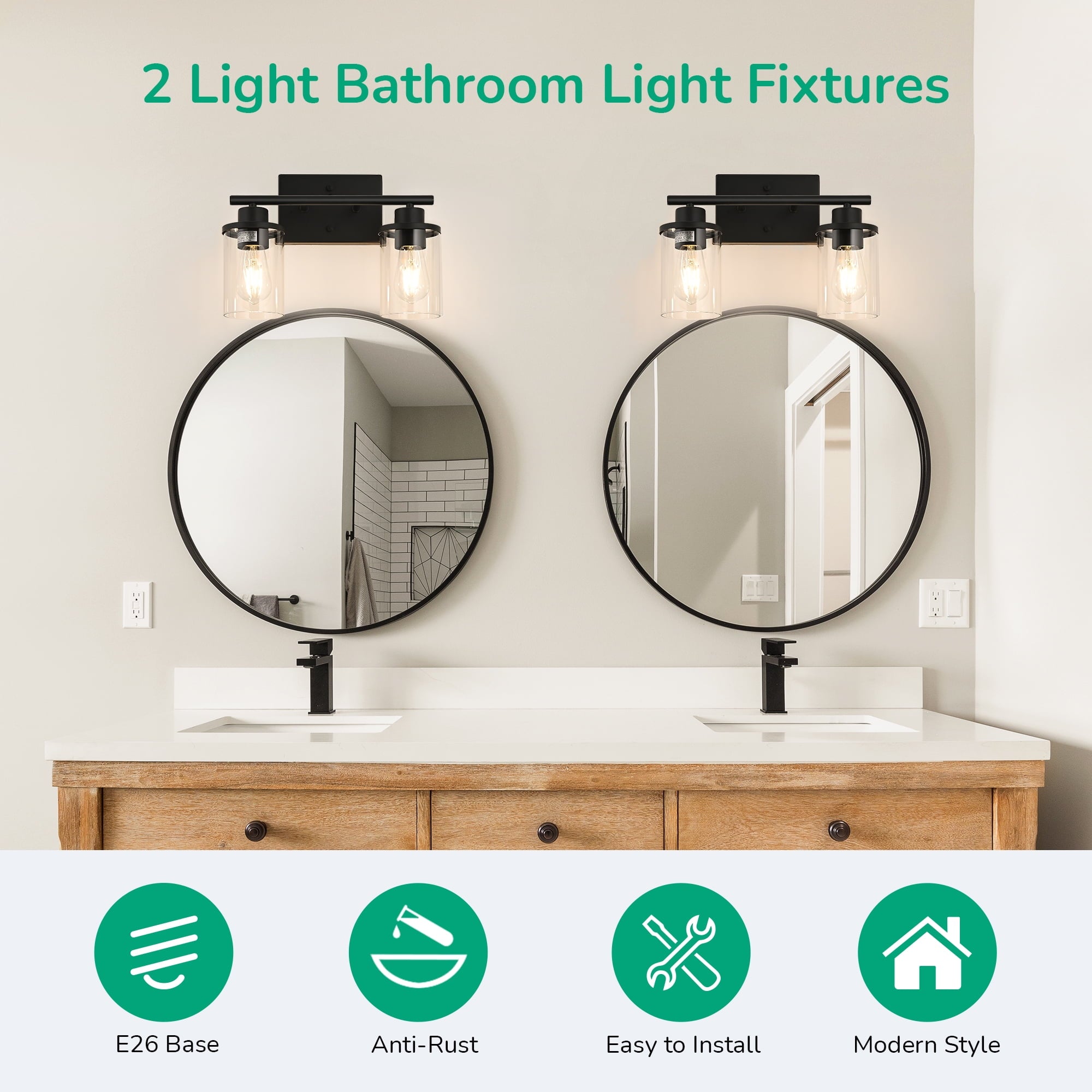 EDISHINE Modern 2-Light Black Bathroom Vanity Lights over Mirror for Bathroom, Vanity Table, E26 Bulb Base