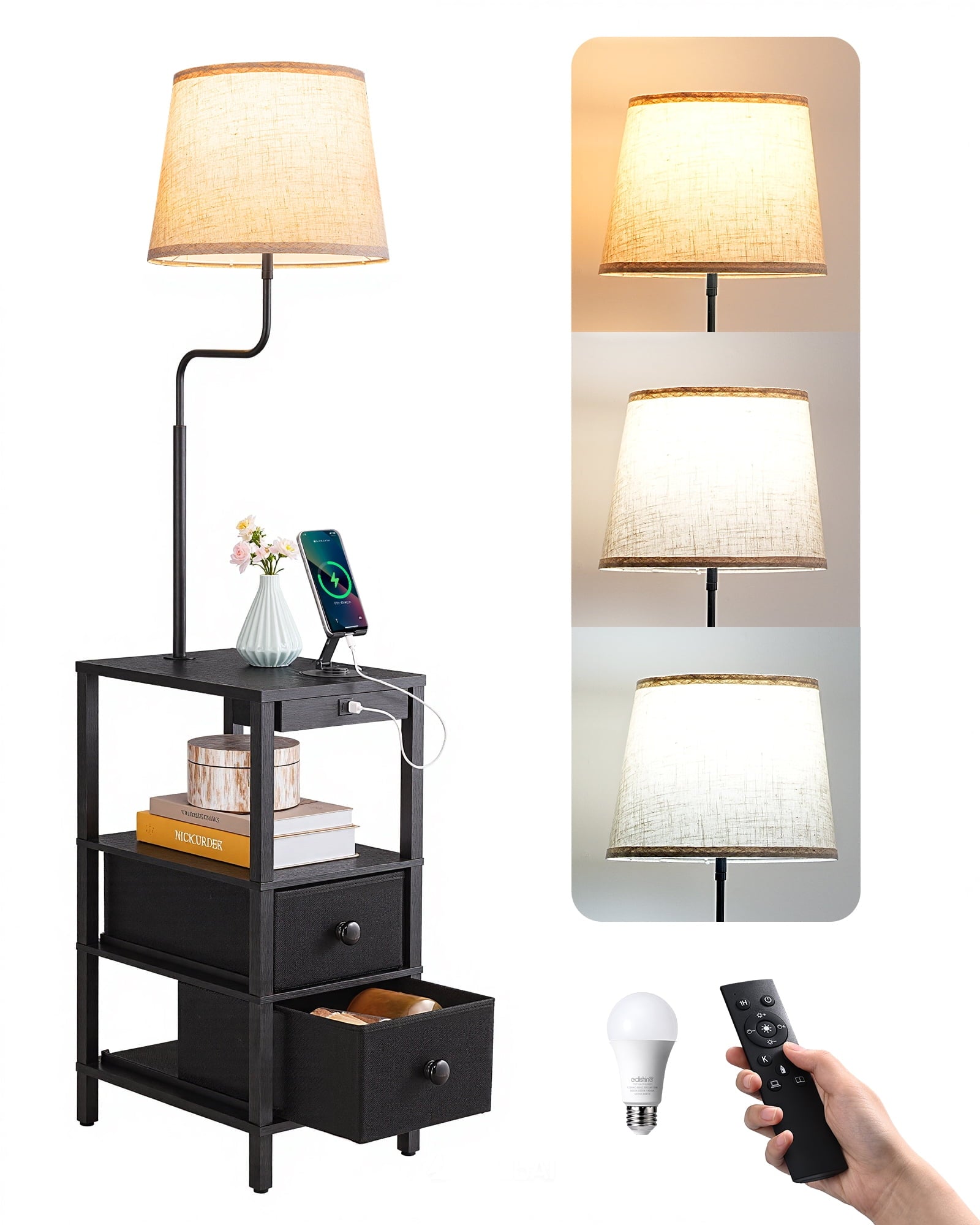 EDISHINE Floor Lamp with Table for Living Room, USB Charge, 62in Rustic Farmhouse Wooden Floor Lamps, Attached End Table with Lamp for Bedroom, Office, Read Lighting, Home Decor, Brown