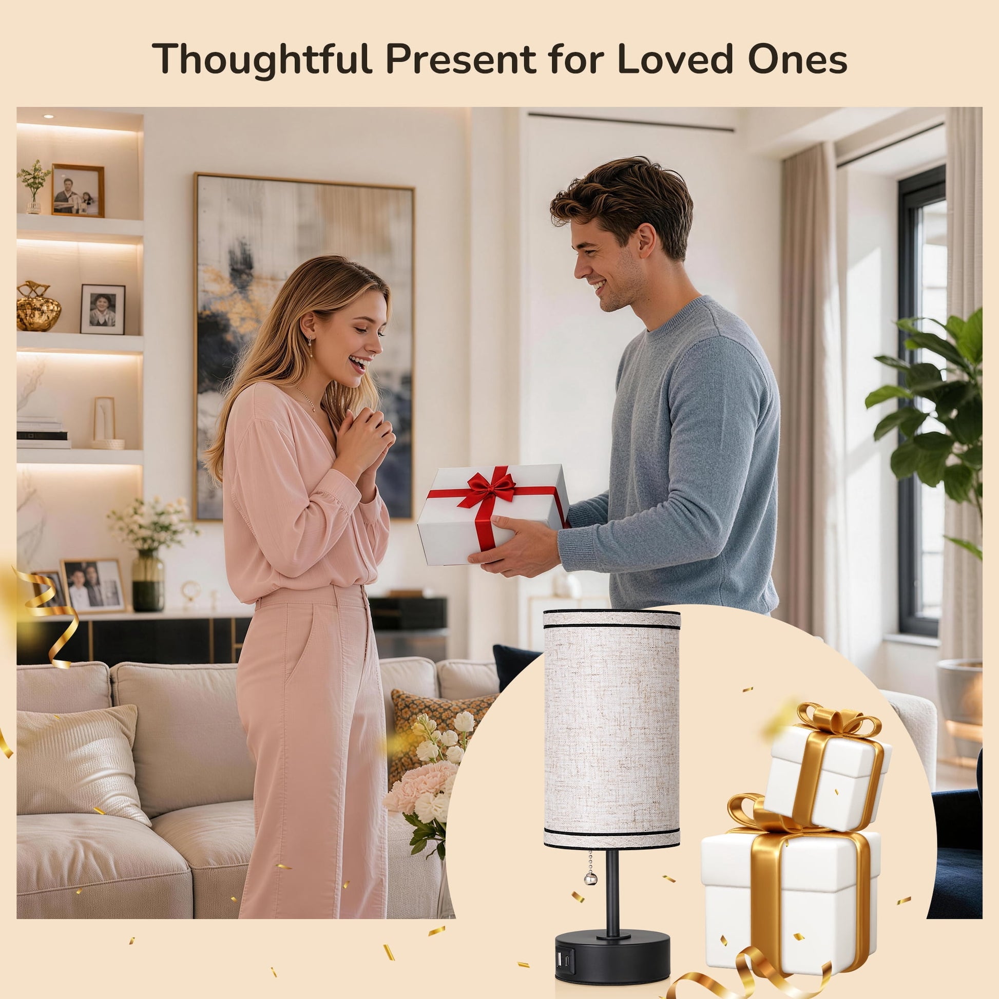 EDISHINE 2 Pack Table Lamps with USB A+C Charging Ports, Small Beside Lamps with Pull Chain Switch, for Bedroom Living Room, E26 Base, Bulbs Not Included