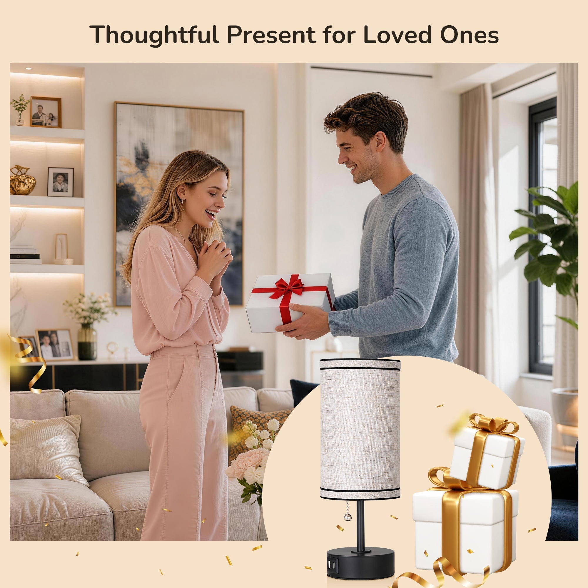 EDISHINE 2 Pack Table Lamps with USB A+C Charging Ports, Small Beside Lamps with Pull Chain Switch, for Bedroom Living Room, E26 Base, Bulbs Not Included