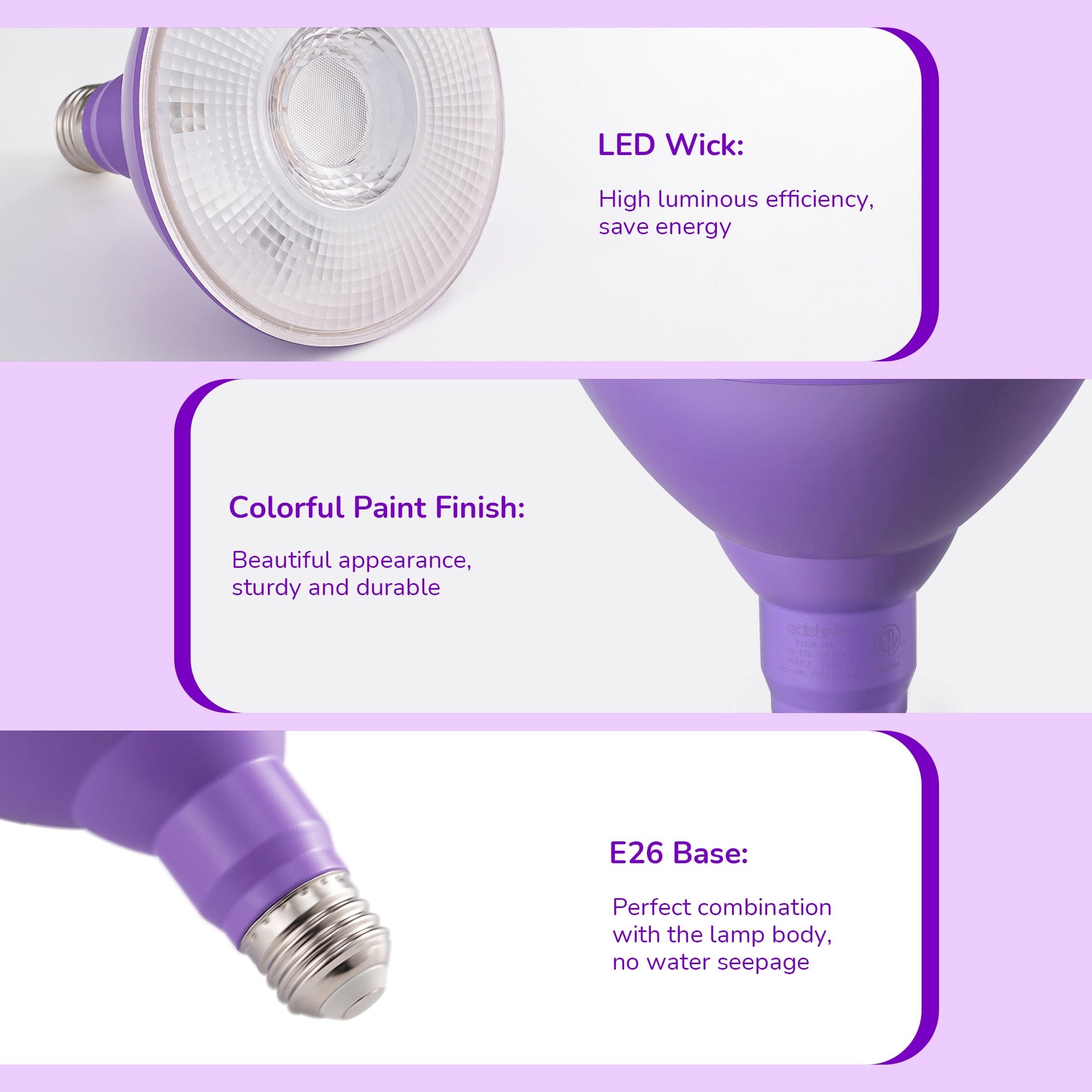 EDISHINE 4 Pack LED Par38 Outdoor Flood Purple Light Bulbs, 18W (120W Equivalent), Dimmable, E26 Base Purple LED Lights, Party Decortion