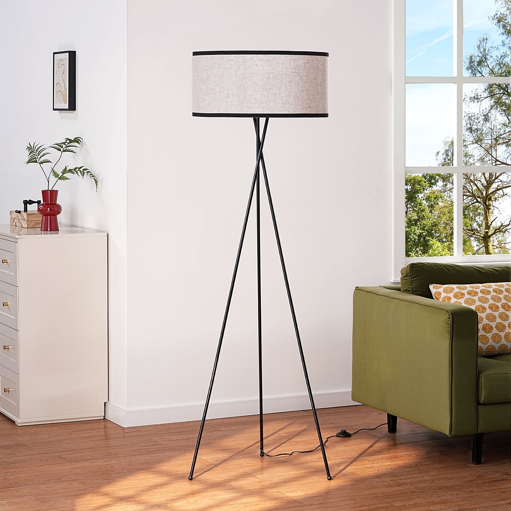 EDISHINE 66.9in Tripod Floor Lamps with Remote, Includes RGB Light Bulb, LED Modern Dimmable Mid-Century Standing Lamp, APP Control, Flaxen Linen Shade,for Living Room, Bedroom, Office, Black