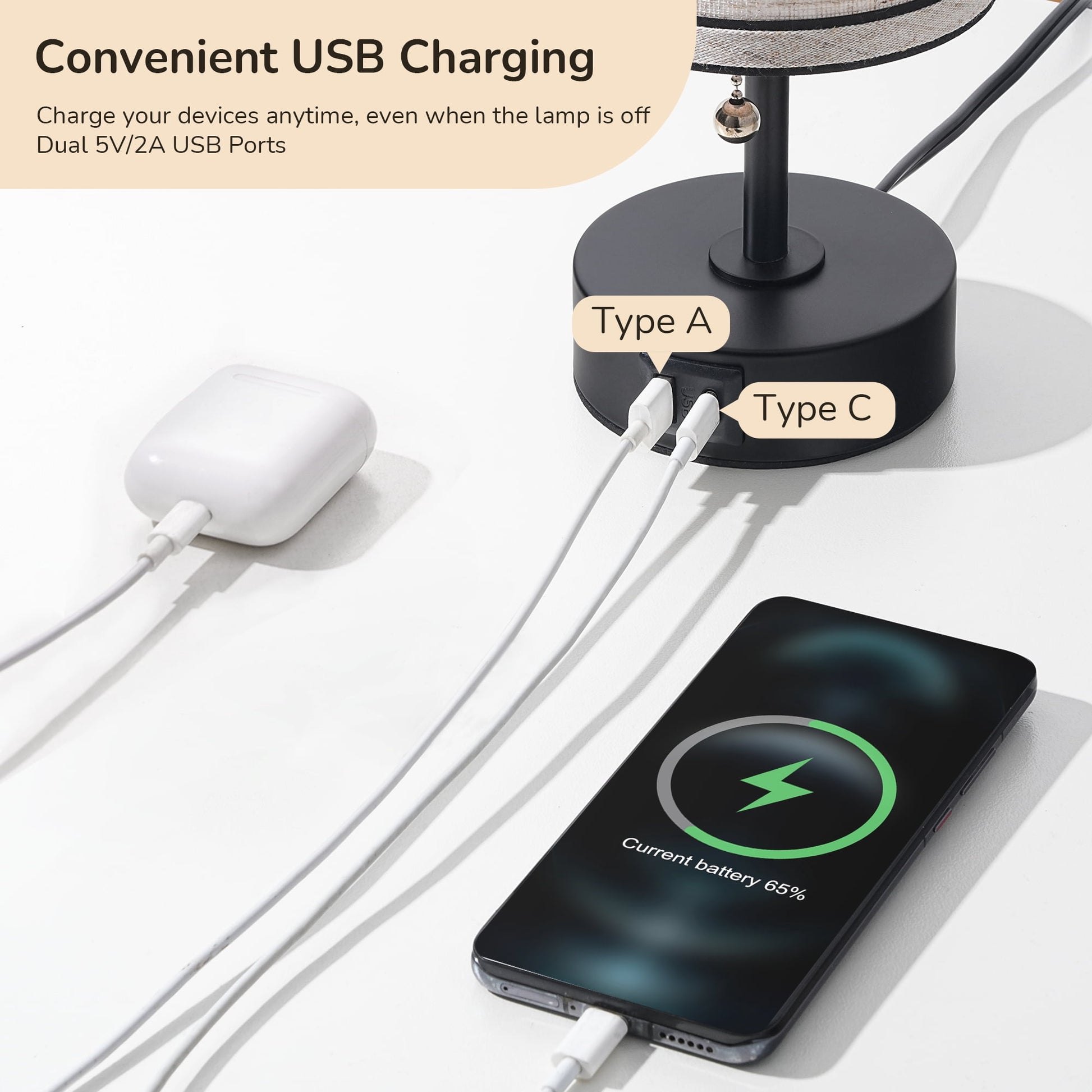 EDISHINE 2 Pack Table Lamps with USB A+C Charging Ports, Small Beside Lamps with Pull Chain Switch, for Bedroom Living Room, E26 Base, Bulbs Not Included
