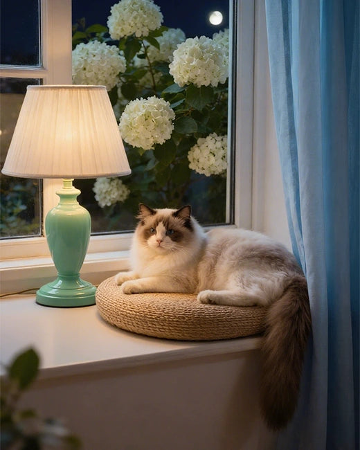the-table-lamp-emits-soft-light-the-pet-cat-is-lying-next-to-it
