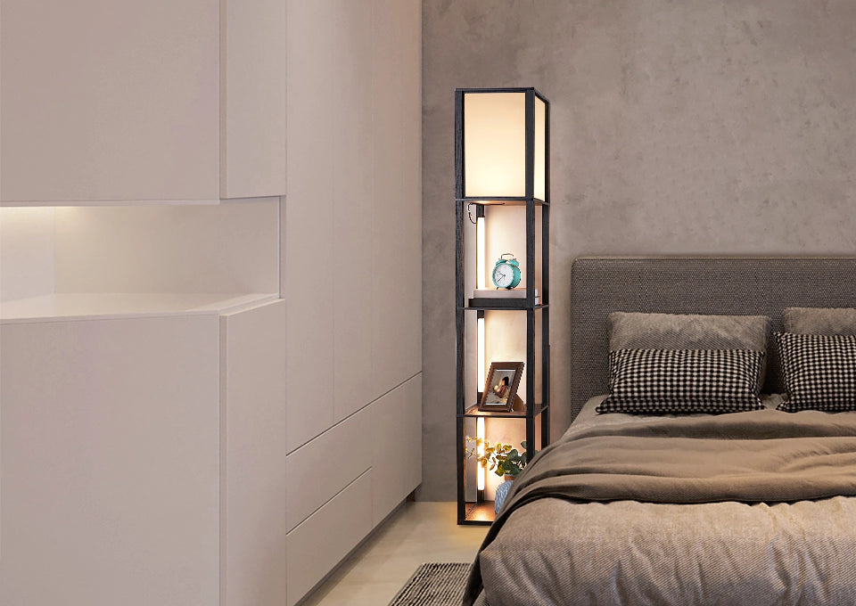 Modern bedroom with a floor lamp next to a bed